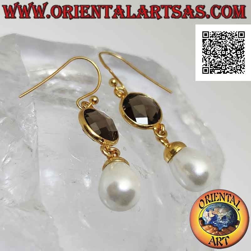 Gold-plated silver earrings with faceted round smoky topaz and pendant pearl