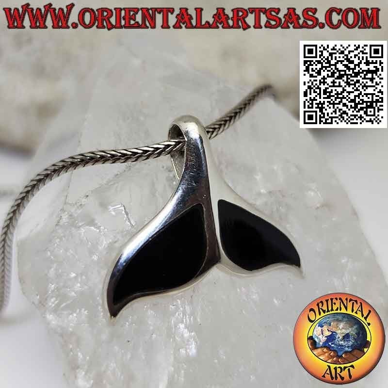 Silver pendant in the shape of a curved whale tail with onyx