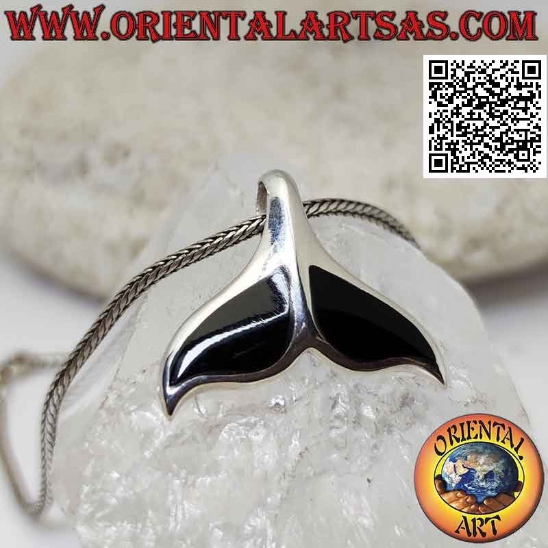 Silver pendant in the shape of a curved whale tail with onyx
