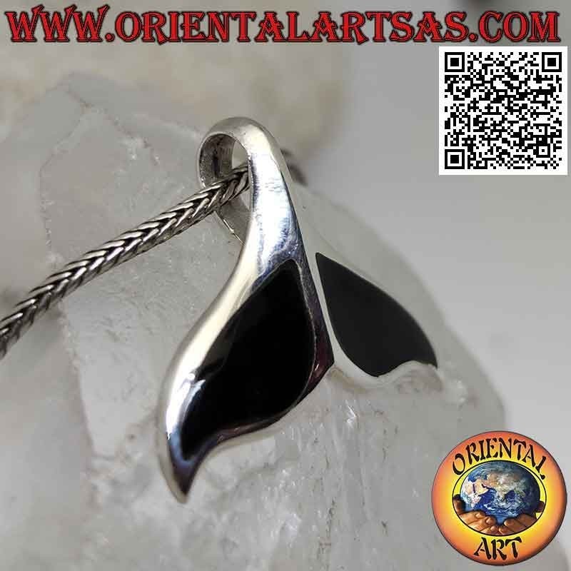 Silver pendant in the shape of a curved whale tail with onyx