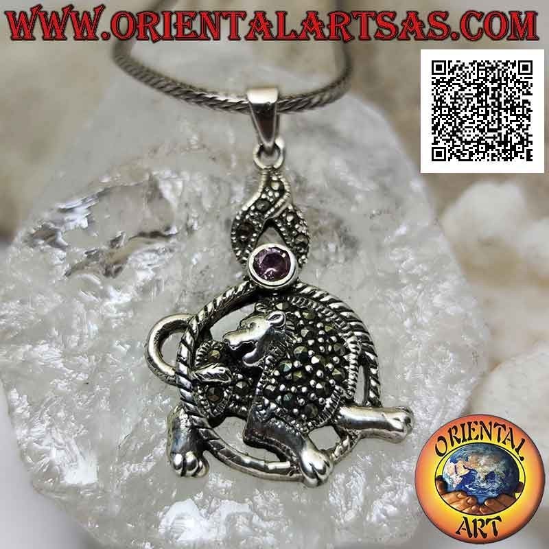 Silver pendant in the shape of a lion in the circle with mane and mantle studded with marcasite and pink zircon above