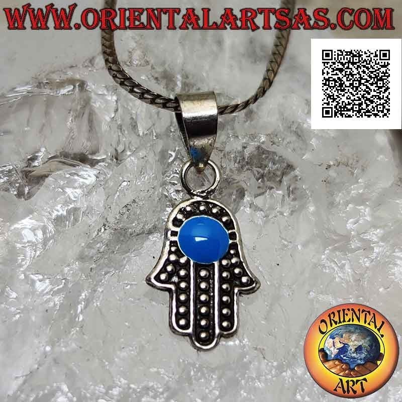 Ciondolo in argento mano di Fatima con decoro a palline e turchese tondo centrale applicato