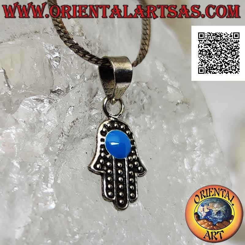 Ciondolo in argento mano di Fatima con decoro a palline e turchese tondo centrale applicato