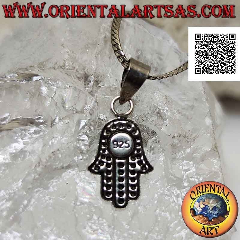 Hand of Fatima silver pendant with balls decoration and central round turquoise applied