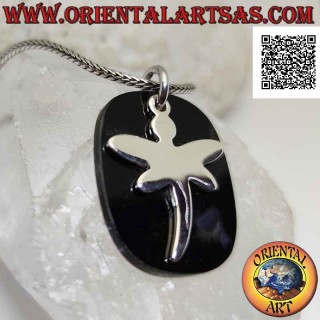 Silver pendant, rounded rectangle of onyx with smooth dragonfly above