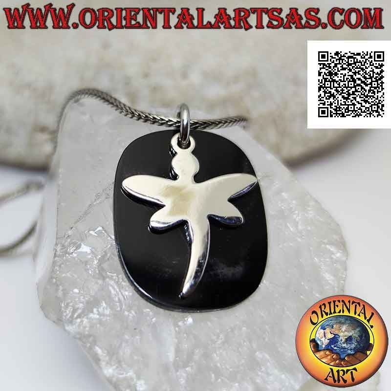 Pendentif en argent, rectangle arrondi d'onyx avec libellule lisse dessus