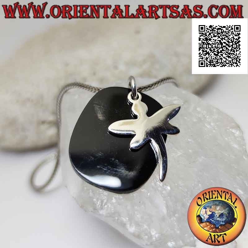 Silver pendant, rounded rectangle of onyx with smooth dragonfly above