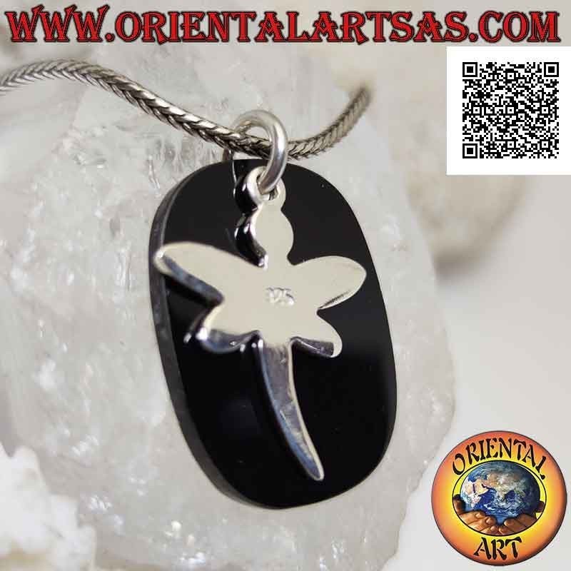 Silver pendant, rounded rectangle of onyx with smooth dragonfly above