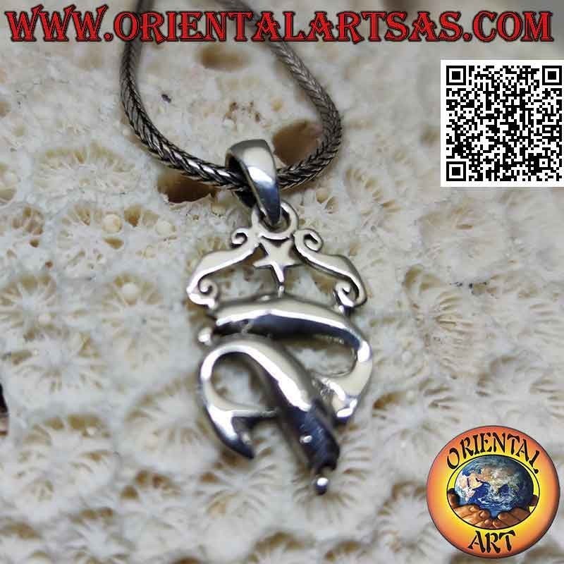 Colgante de plata, pareja de delfines jugando bajo una estrella y dos griegas