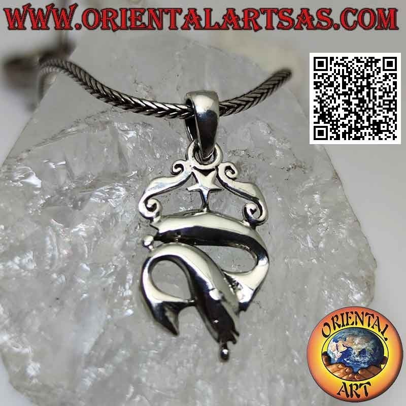 Silver pendant, pair of dolphins at play under one star and two Greek