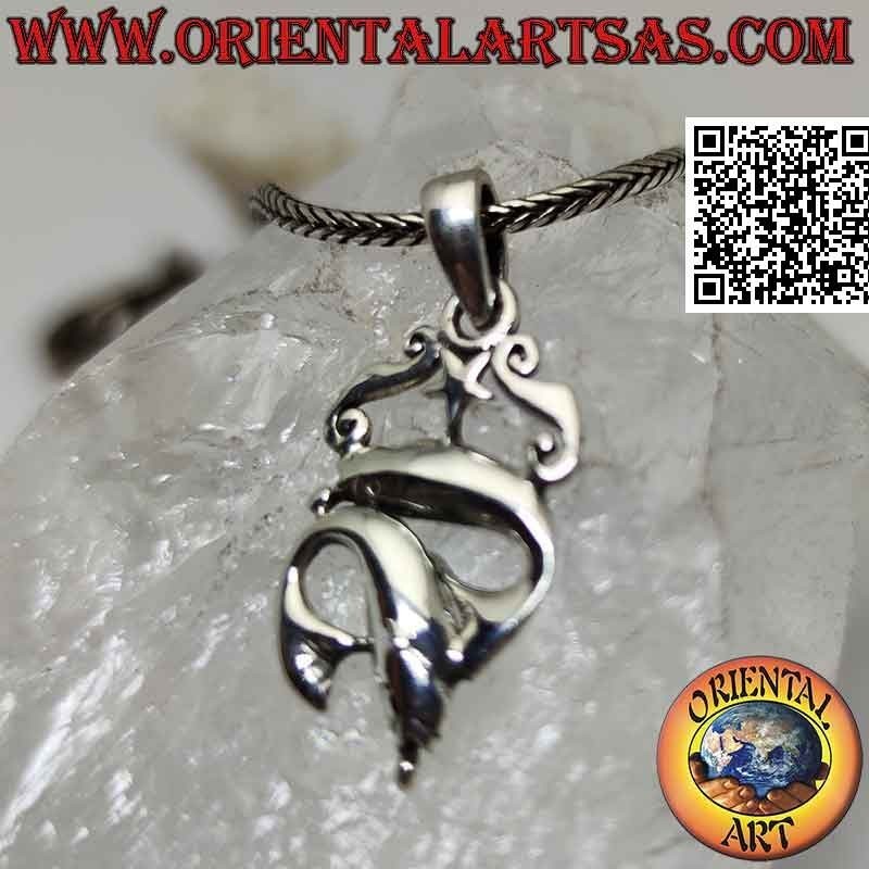 Colgante de plata, pareja de delfines jugando bajo una estrella y dos griegas