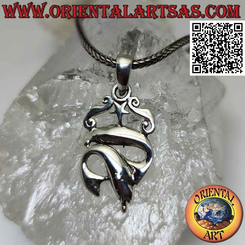 Silver pendant, pair of dolphins at play under one star and two Greek