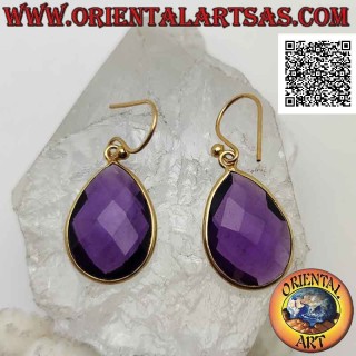 Gold-plated silver earrings with faceted teardrop synthetic amethyst surrounded by a smooth edge