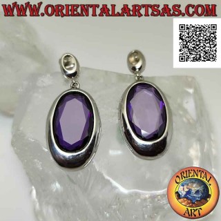 Boucles d'oreilles lobe en argent avec grande améthyste synthétique ovale facettée avec fil à bord lisse