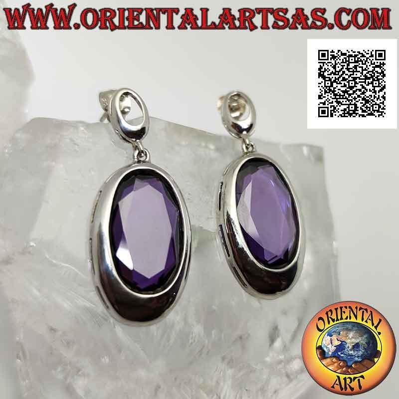 Silberne Lappenohrringe mit großem ovalem synthetischem Amethyst facettiert mit glattem Draht