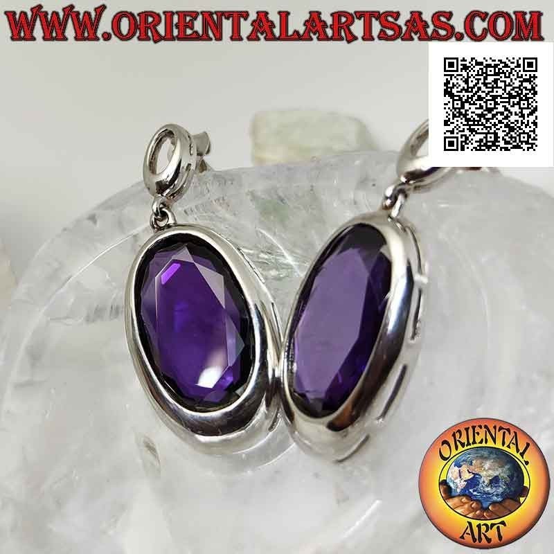 Silver lobe earrings with large oval synthetic amethyst faceted with smooth edge wire