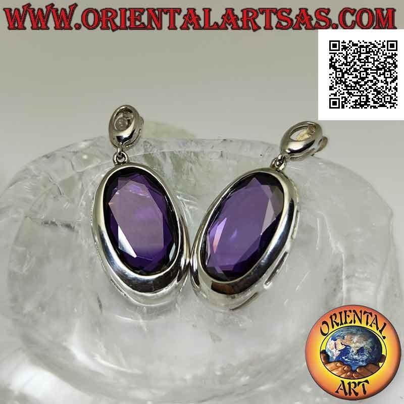 Silberne Lappenohrringe mit großem ovalem synthetischem Amethyst facettiert mit glattem Draht