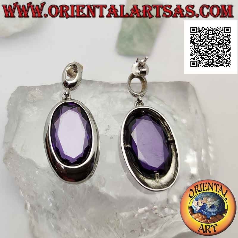 Silver lobe earrings with large oval synthetic amethyst faceted with smooth edge wire