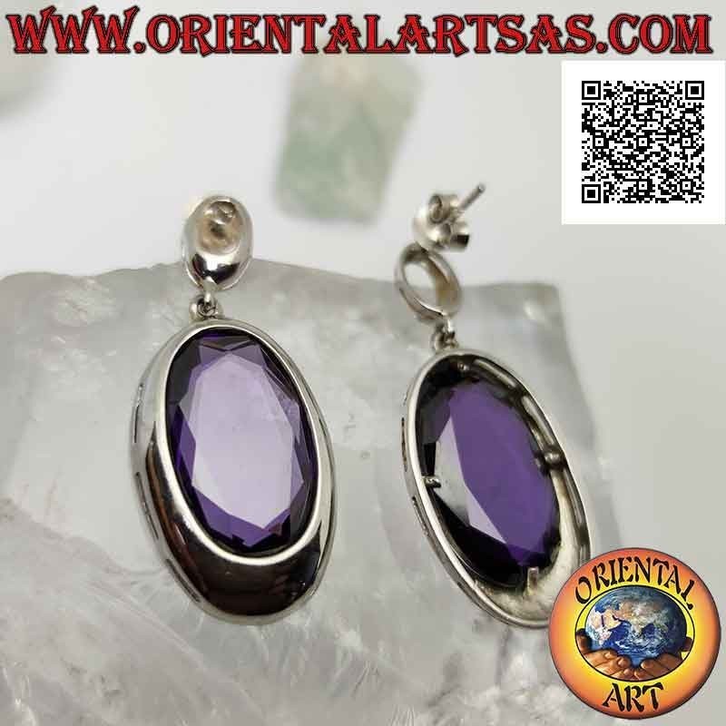 Silberne Lappenohrringe mit großem ovalem synthetischem Amethyst facettiert mit glattem Draht