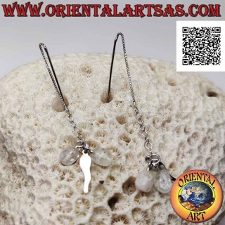 Silver chain earrings with straight bar and horn and two hanging rock crystals