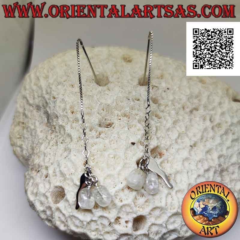 Silver chain earrings with straight bar and horn and two hanging rock crystals