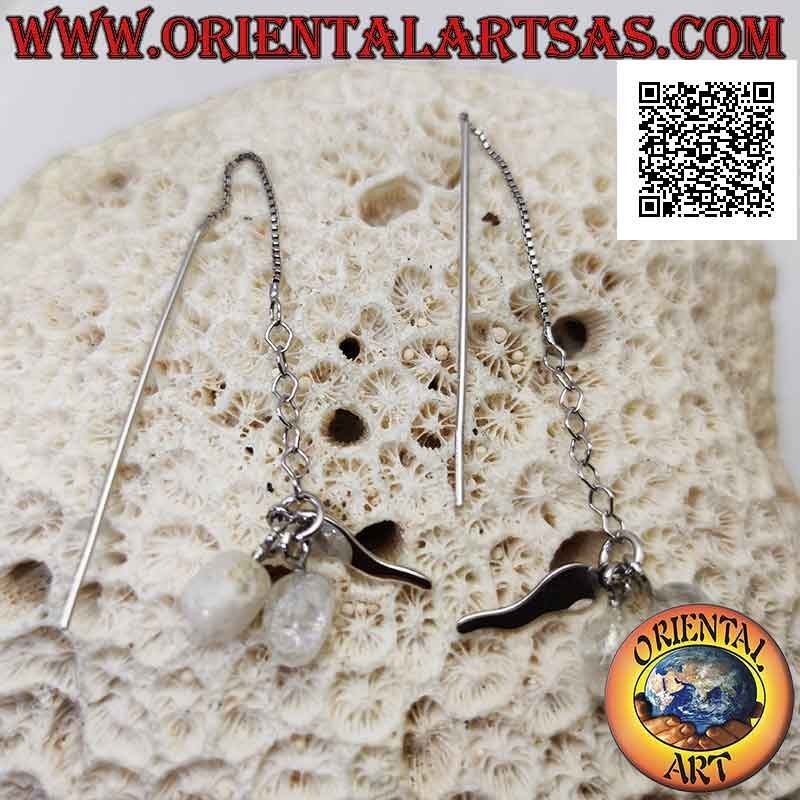 Silver chain earrings with straight bar and horn and two hanging rock crystals