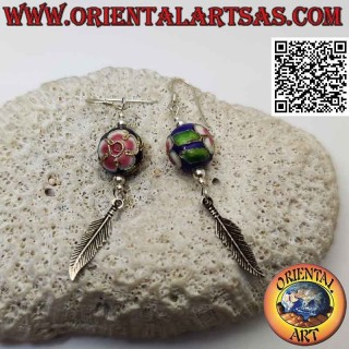 Silver leverback earrings with fire-enamelled sphere and pendant feather