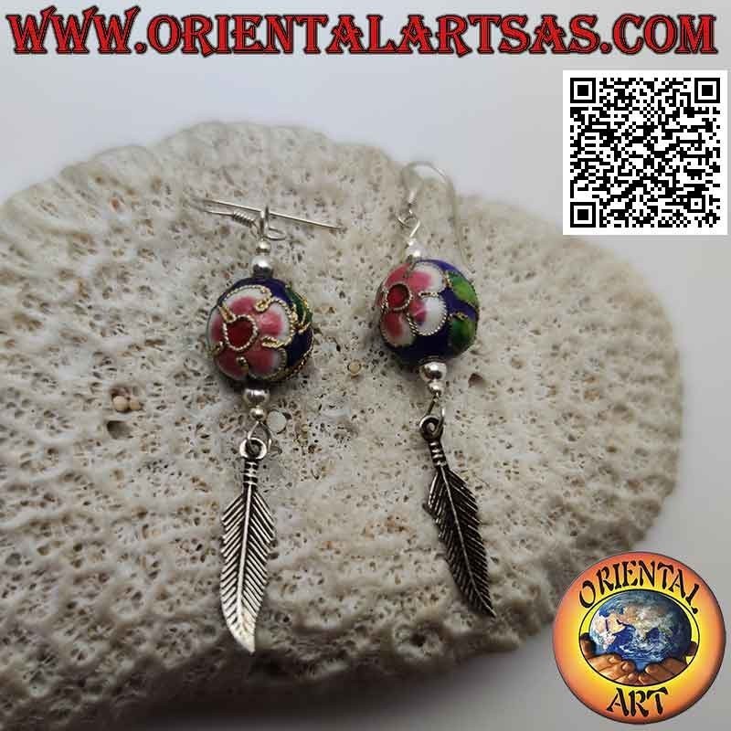 Silver leverback earrings with fire-enamelled sphere and pendant feather
