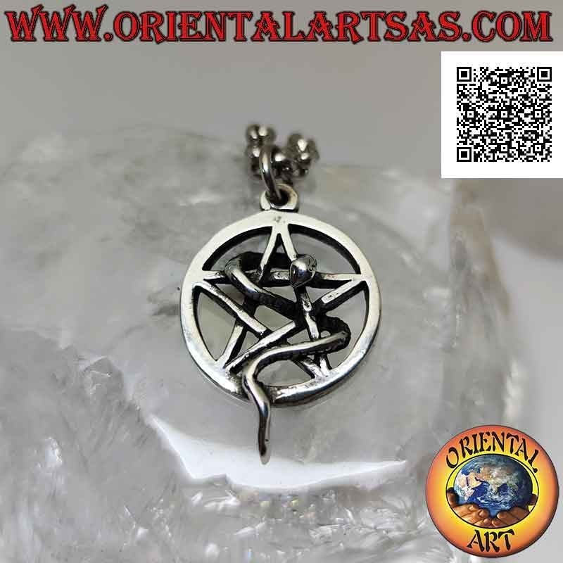 Smooth silver pendant, pentacle in the openwork circle with a coiled snake