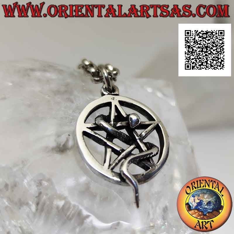 Pendentif en argent lisse, pentacle dans le cercle ajouré avec un serpent enroulé