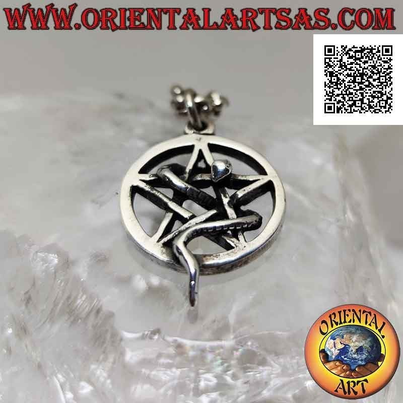 Pendentif en argent lisse, pentacle dans le cercle ajouré avec un serpent enroulé