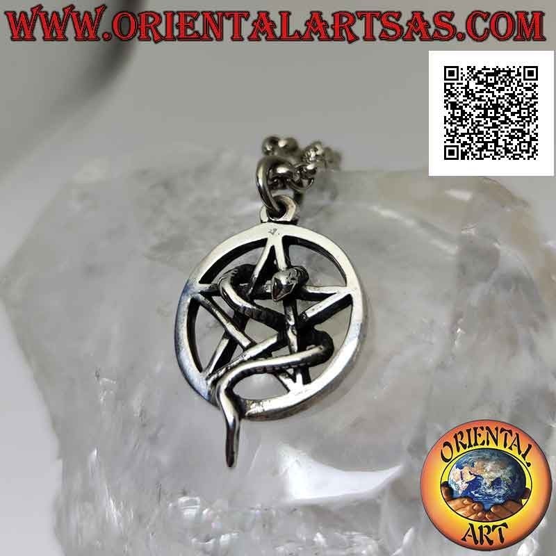 Pendentif en argent lisse, pentacle dans le cercle ajouré avec un serpent enroulé