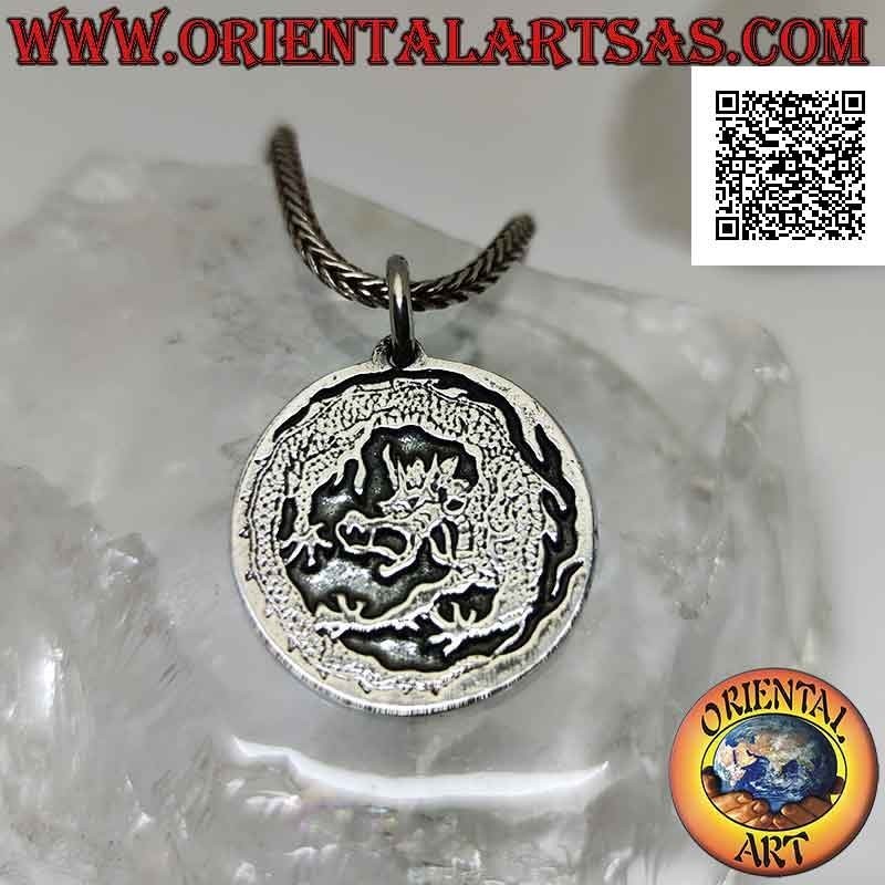 Silver double-sided medallion pendant with Chinese dragon and phoenix in bas-relief