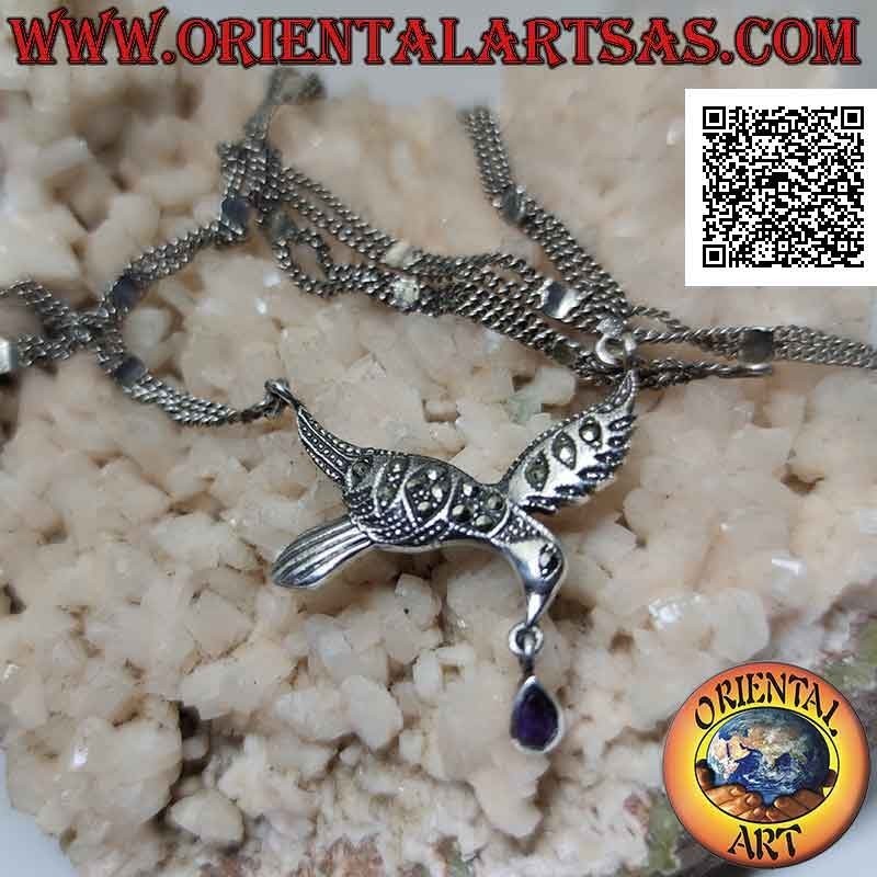 Collar en plata 925 ‰, par de cadenas con golondrina central tachonada de marcasita y gota de amatista