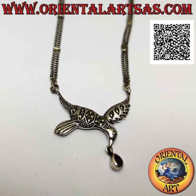 Collier en argent 925 ‰, paire de chaines avec hirondelle centrale sertie de marcassite et goutte d'améthyste