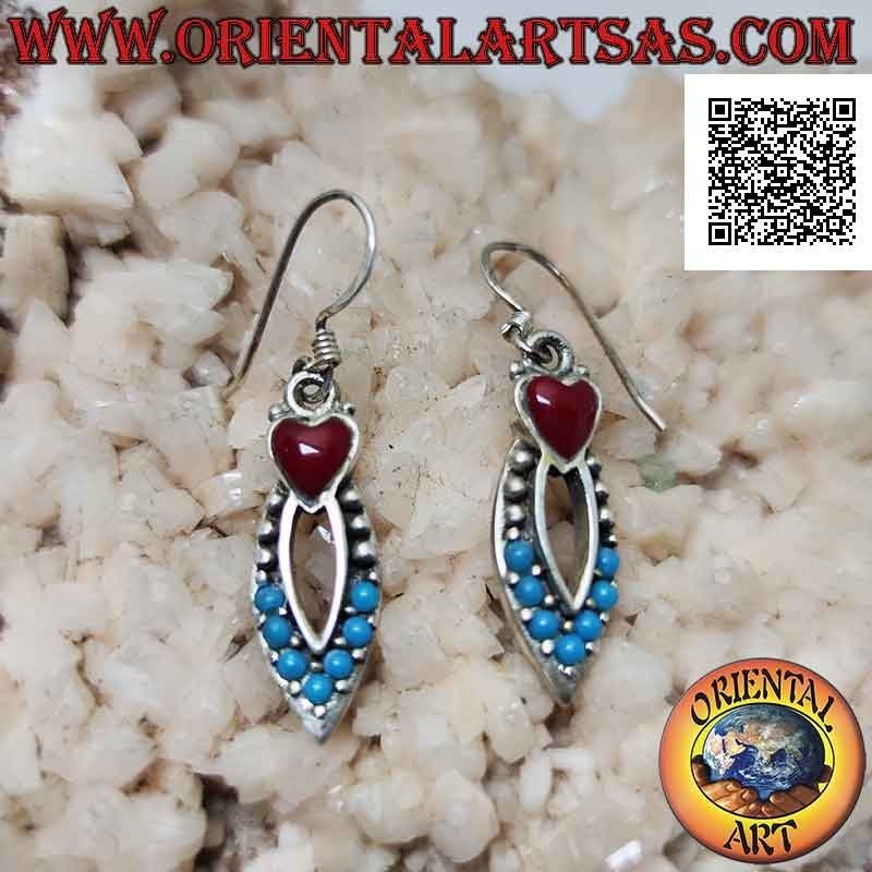 Silver shuttle earrings of turquoise and silver balls with coral heart on top