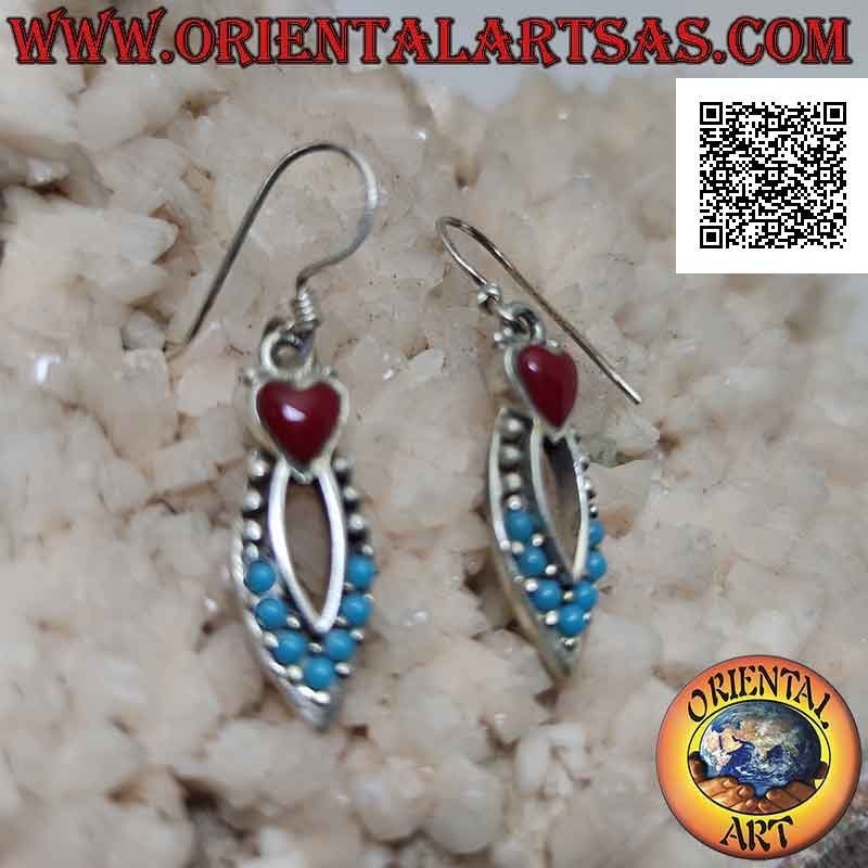 Boucles d'oreilles navette en argent de boules turquoise et argent avec coeur corail sur le dessus