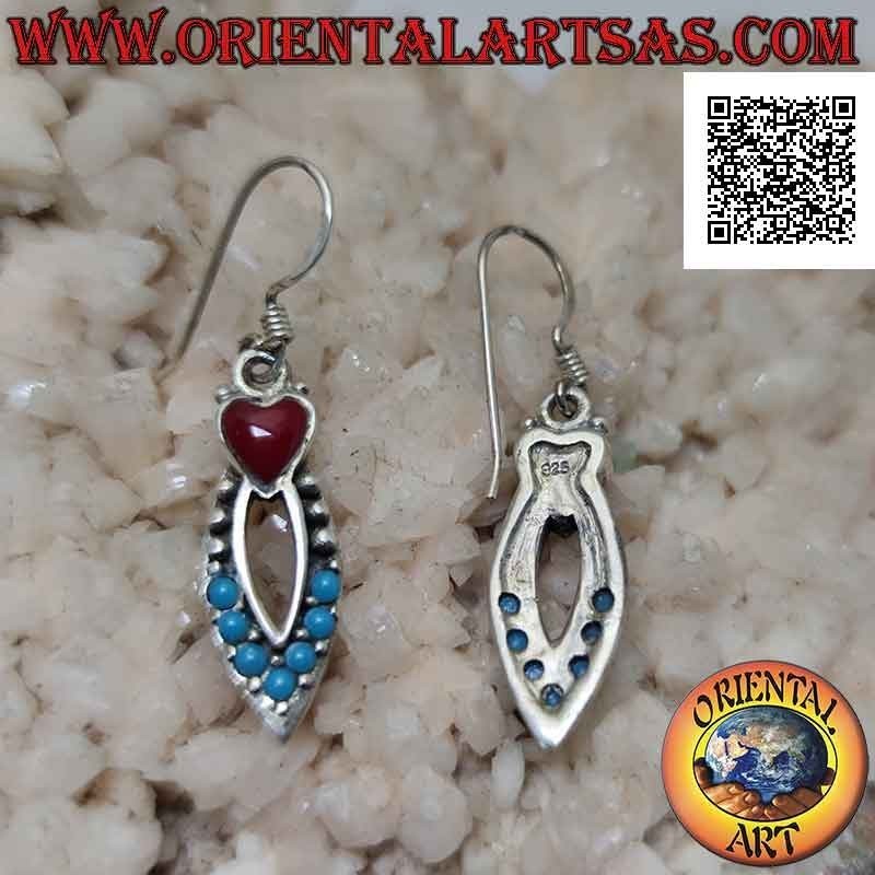 Boucles d'oreilles navette en argent de boules turquoise et argent avec coeur corail sur le dessus