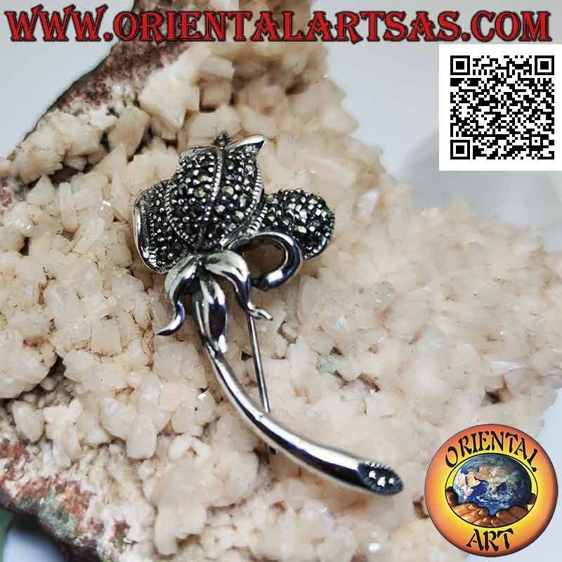 Broche tulipe en argent 925 ‰ sertie de marcassite