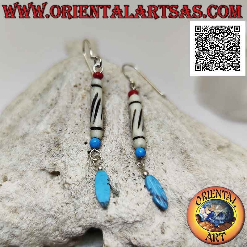 Silver earrings with white cylinder between turquoise and coral bead and pendant turquoise feather