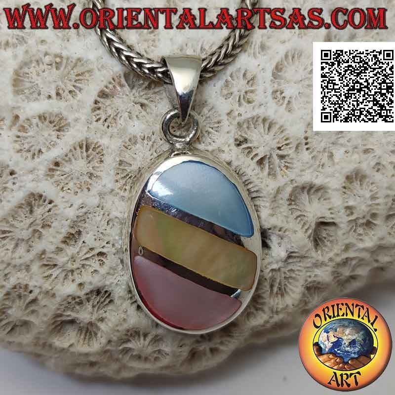 Oval silver pendant with three oblique bands of multicolor mother of pearl flush with the edge
