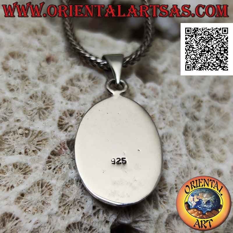 Oval silver pendant with three oblique bands of multicolor mother of pearl flush with the edge