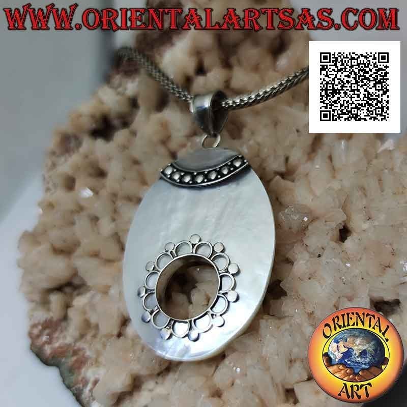Silver pendant with oval mother of pearl with hole and ethnic decoration
