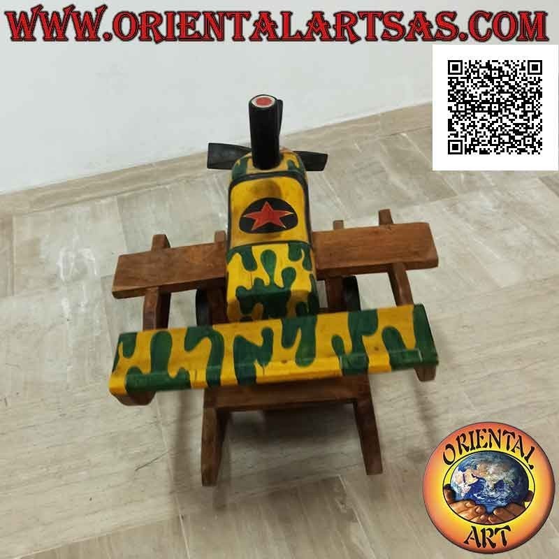 Avión con hélice oscilante de color militar en madera de Suar (maciza), pintado a mano