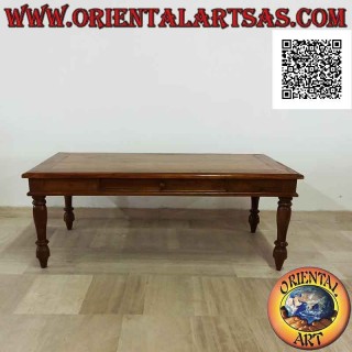 Table basse de salon rectangulaire avec pieds ronds et tiroir en bois de teck