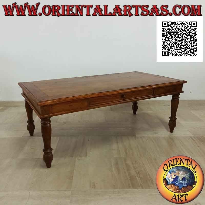 Mesa de salón baja rectangular con patas redondas y cajón en madera de teca