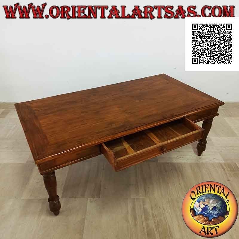 Low rectangular living room table with round feet and drawer in teak wood
