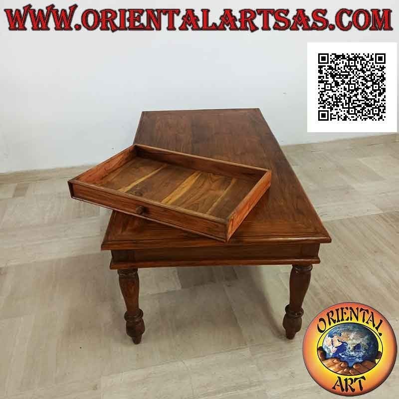 Tavolo rettangolare basso da salotto con piedi tondi e cassetto in legno di teak