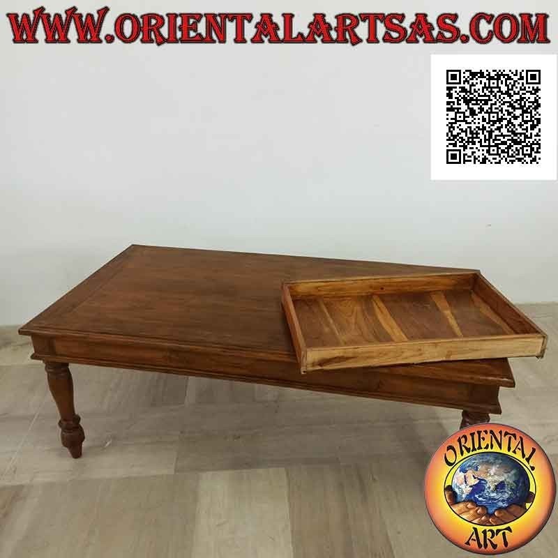 Tavolo rettangolare basso da salotto con piedi tondi e cassetto in legno di teak