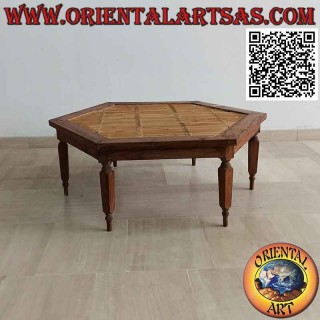 Table basse hexagonale en bois de teck et centre en bambou